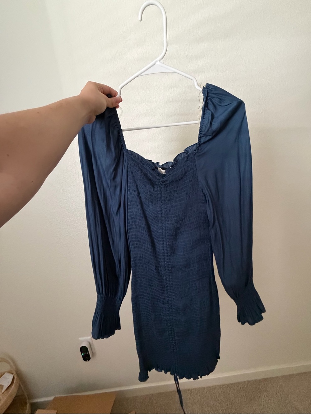 Blush Navy Smocked Midi Dress with Puff Sleeves